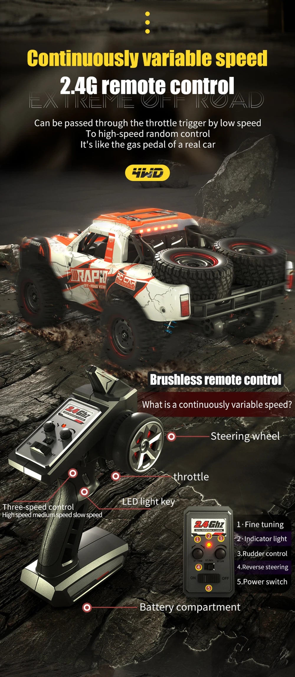 70KM/H 4WD RC Car With LED Headlight Remote Control Car